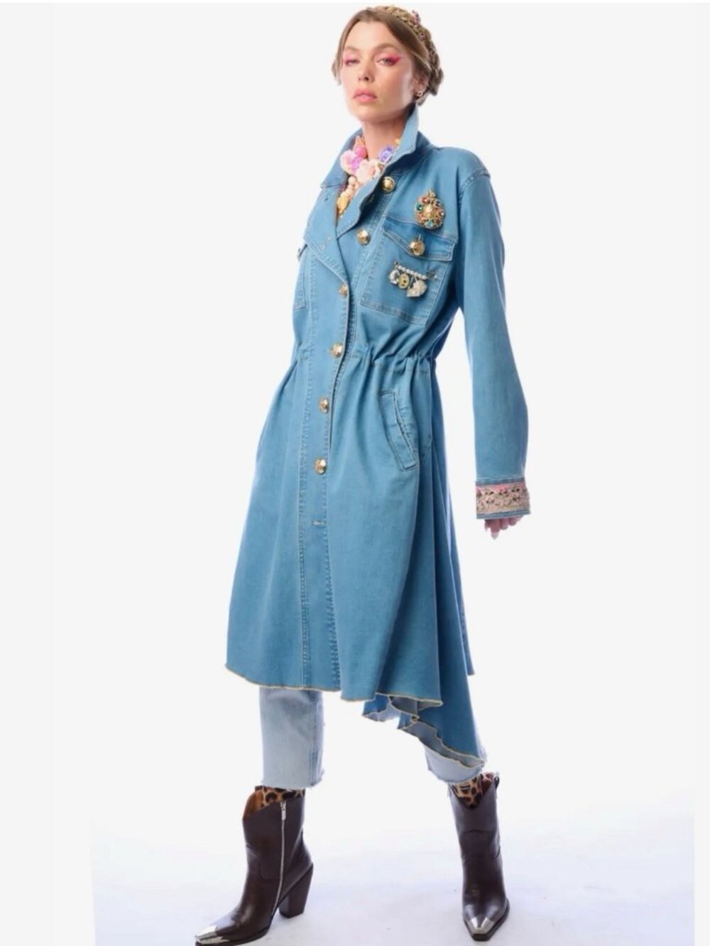 Aratta Monte Carlo Denim Hi-Low Long Coat Blue Decorative Brooch Size S M L - Picture 9 of 15